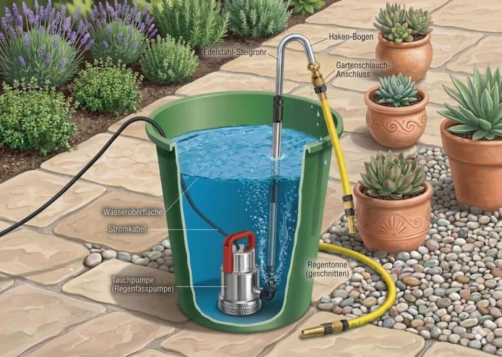 Illustration des Querschnitts einer Regenfasspumpe